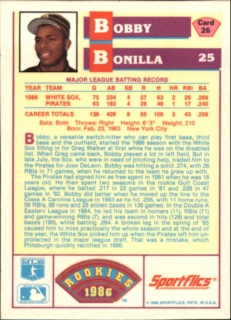 1986 Sportflics Rookies #26 Bobby Bonilla back image
