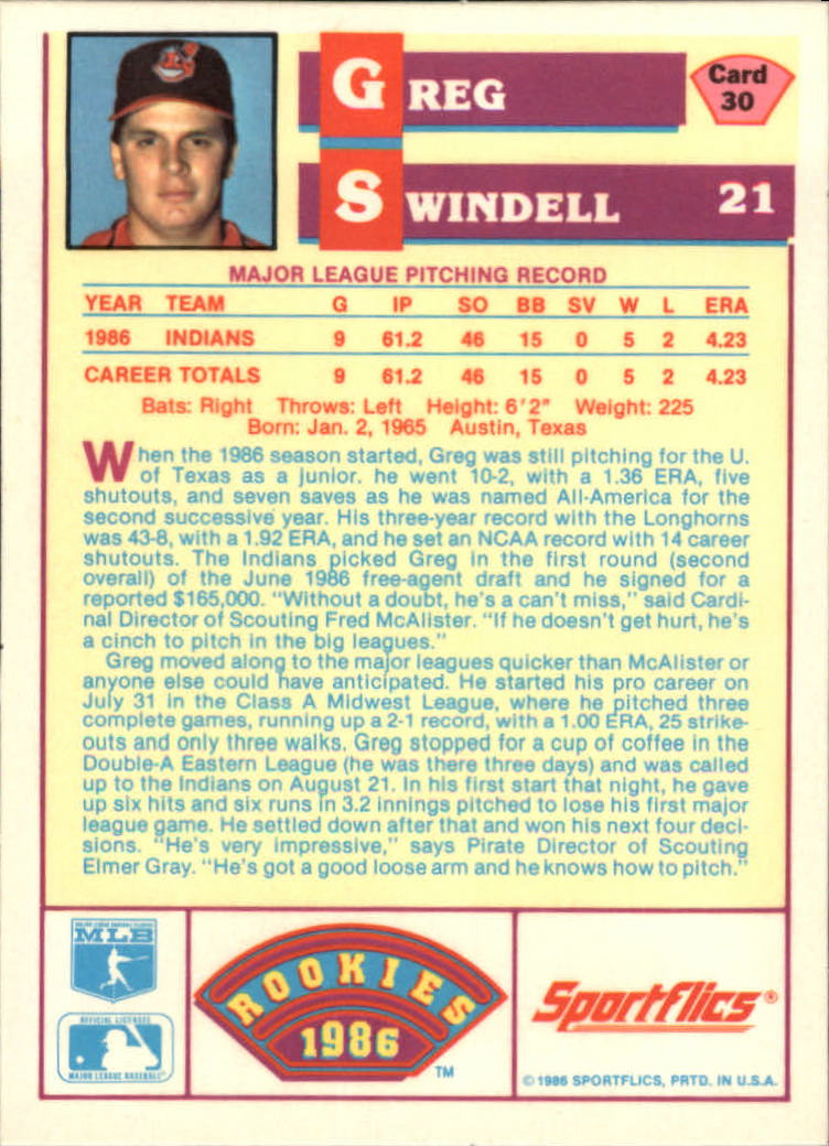 1986 Sportflics Rookies #30 Greg Swindell back image