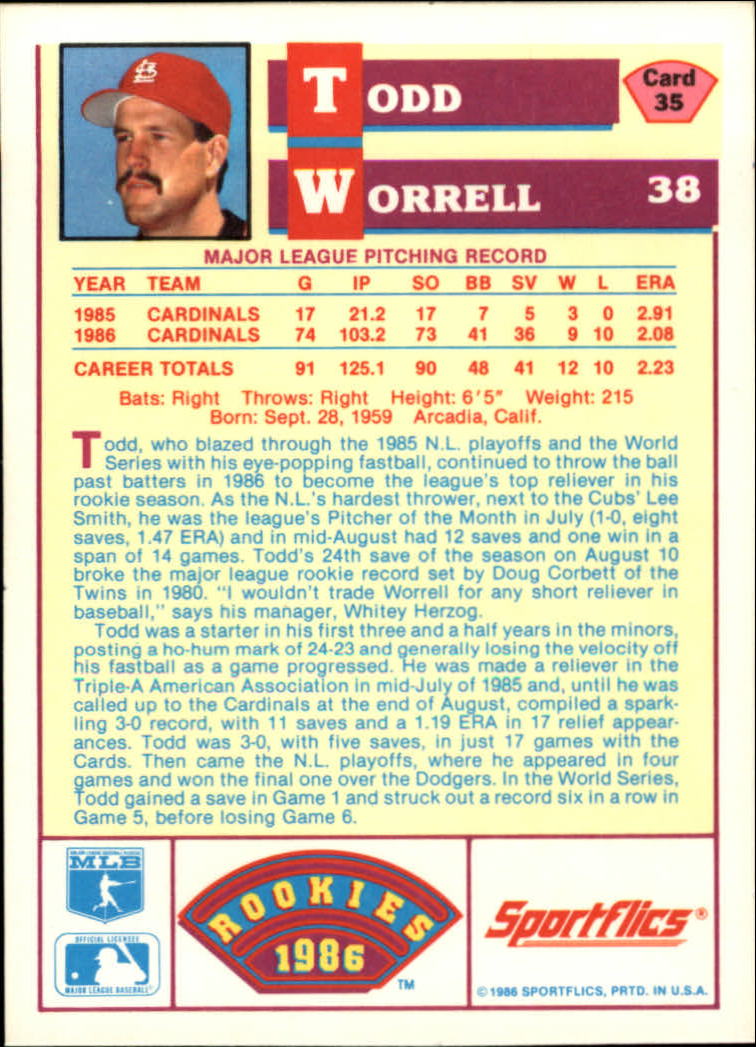 1986 Sportflics Rookies #35 Todd Worrell back image