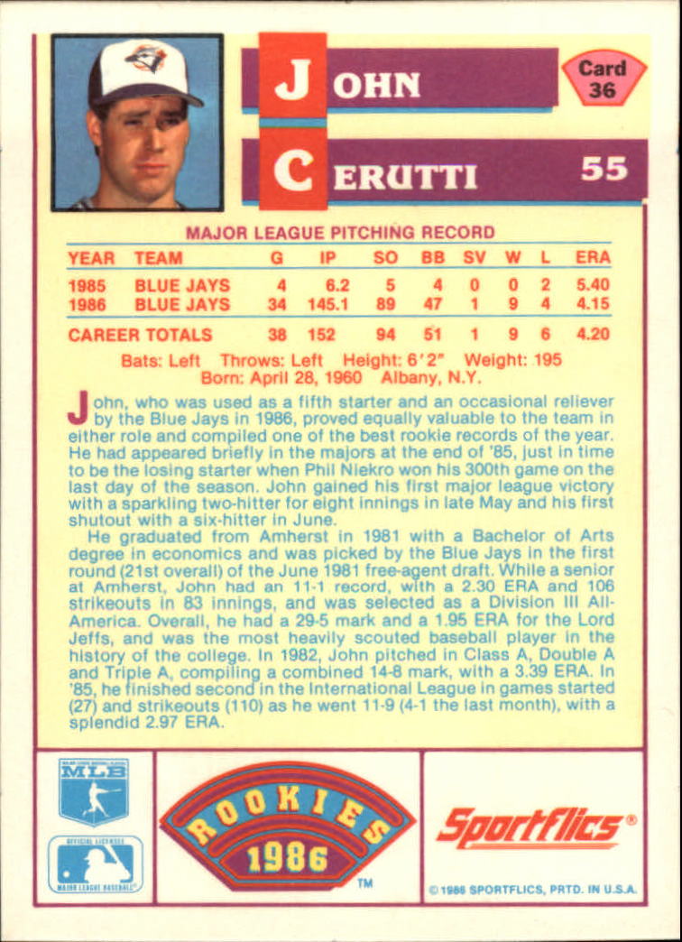 1986 Sportflics Rookies #36 John Cerutti back image