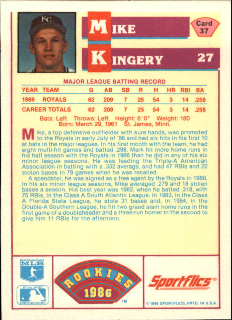 1986 Sportflics Rookies #37 Mike Kingery back image