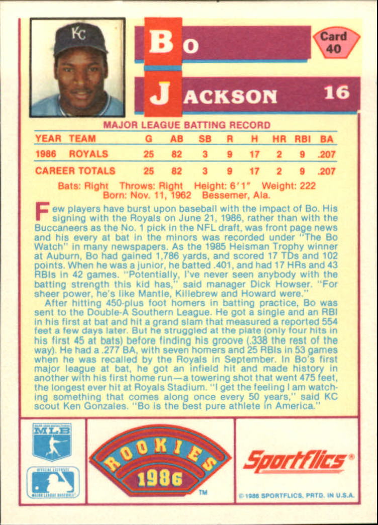 1986 Sportflics Rookies #40 Bo Jackson back image