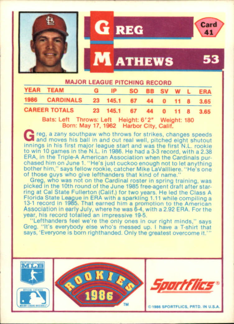 1986 Sportflics Rookies #41 Greg Mathews back image