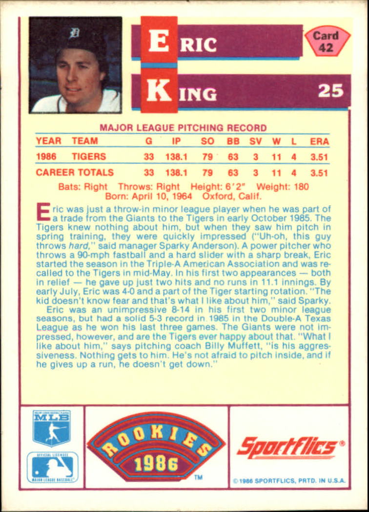 1986 Sportflics Rookies #42 Eric King back image