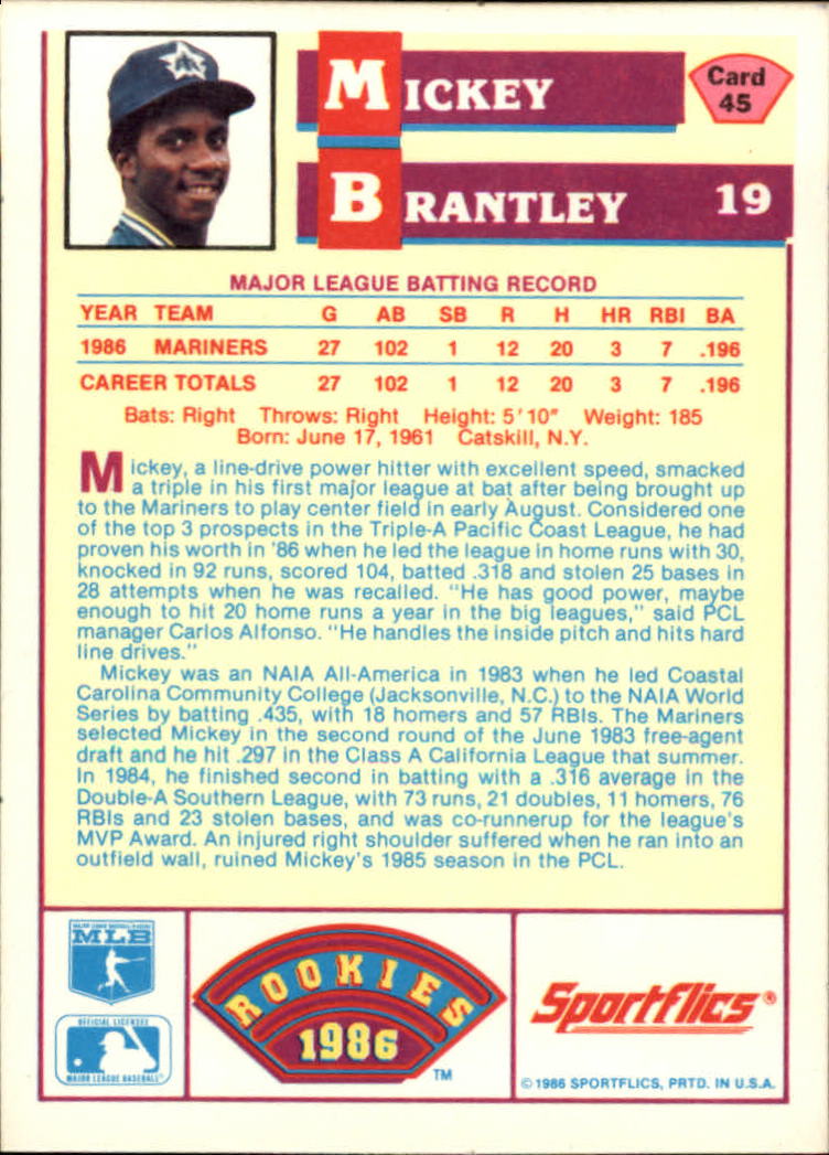 1986 Sportflics Rookies #45 Mickey Brantley back image