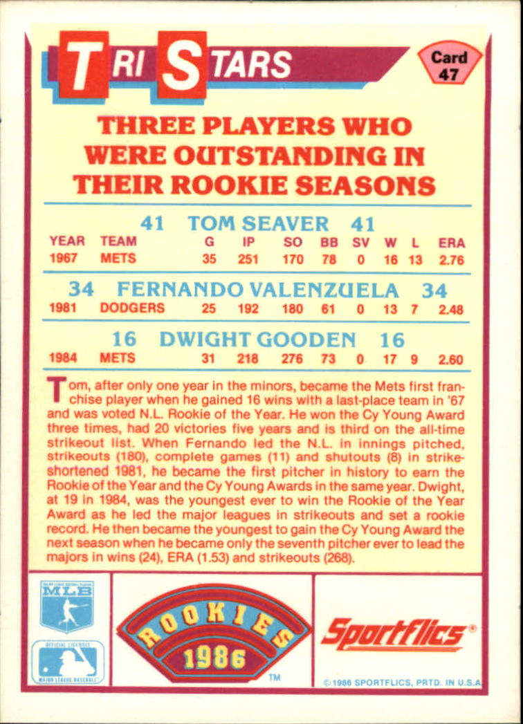 1986 Sportflics Rookies #47 Tri-Stars Tom Seaver back image