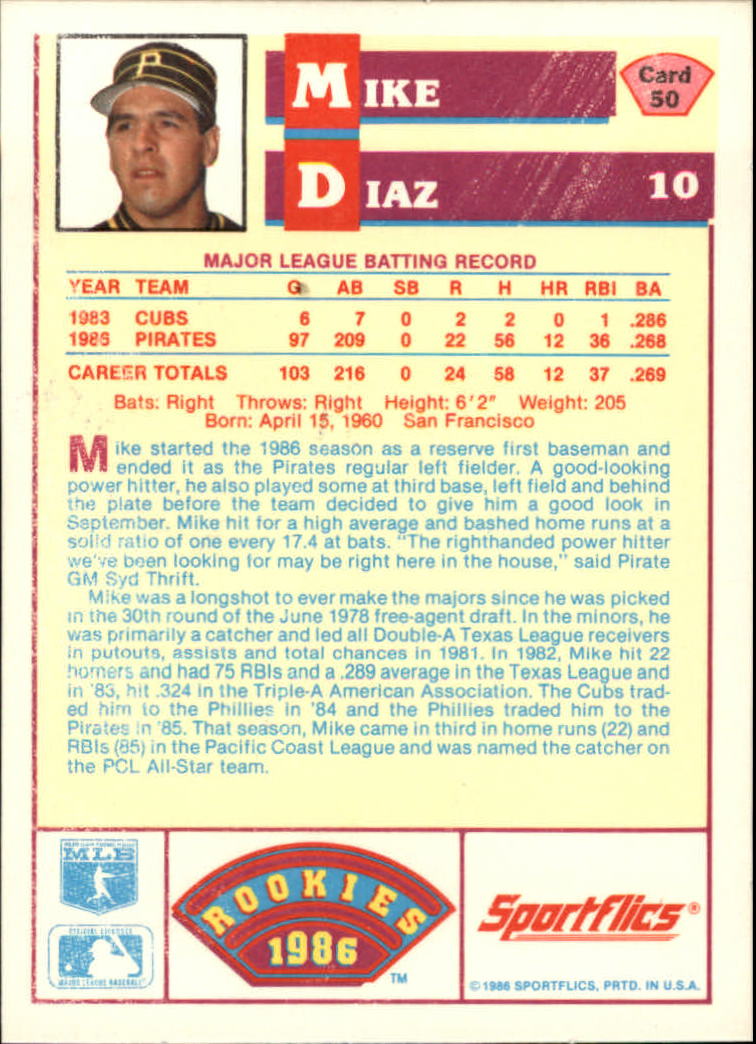 1986 Sportflics Rookies #50 Mike Diaz back image