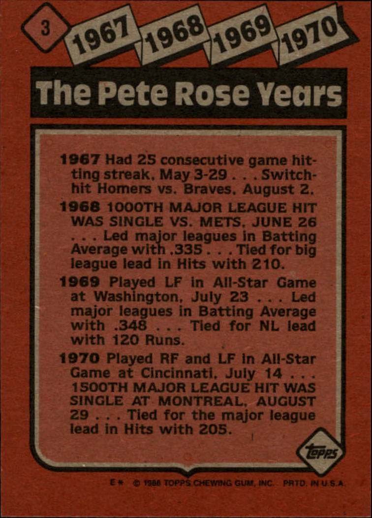 1986 Topps #3 Rose Special: '67-'70 back image