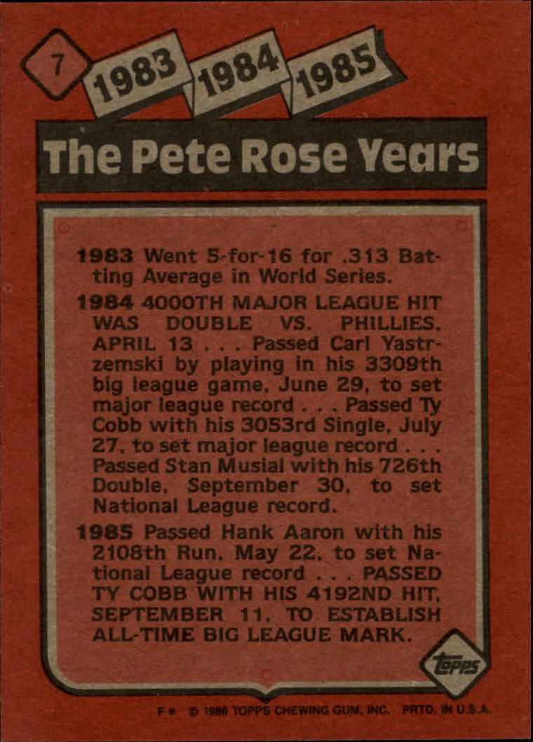 1986 Topps #7 Rose Special: '83-'85 back image