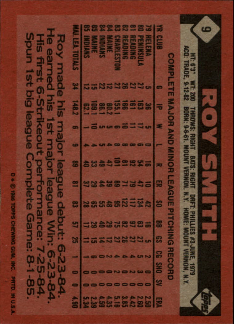 1986 Topps #9 Roy Smith back image