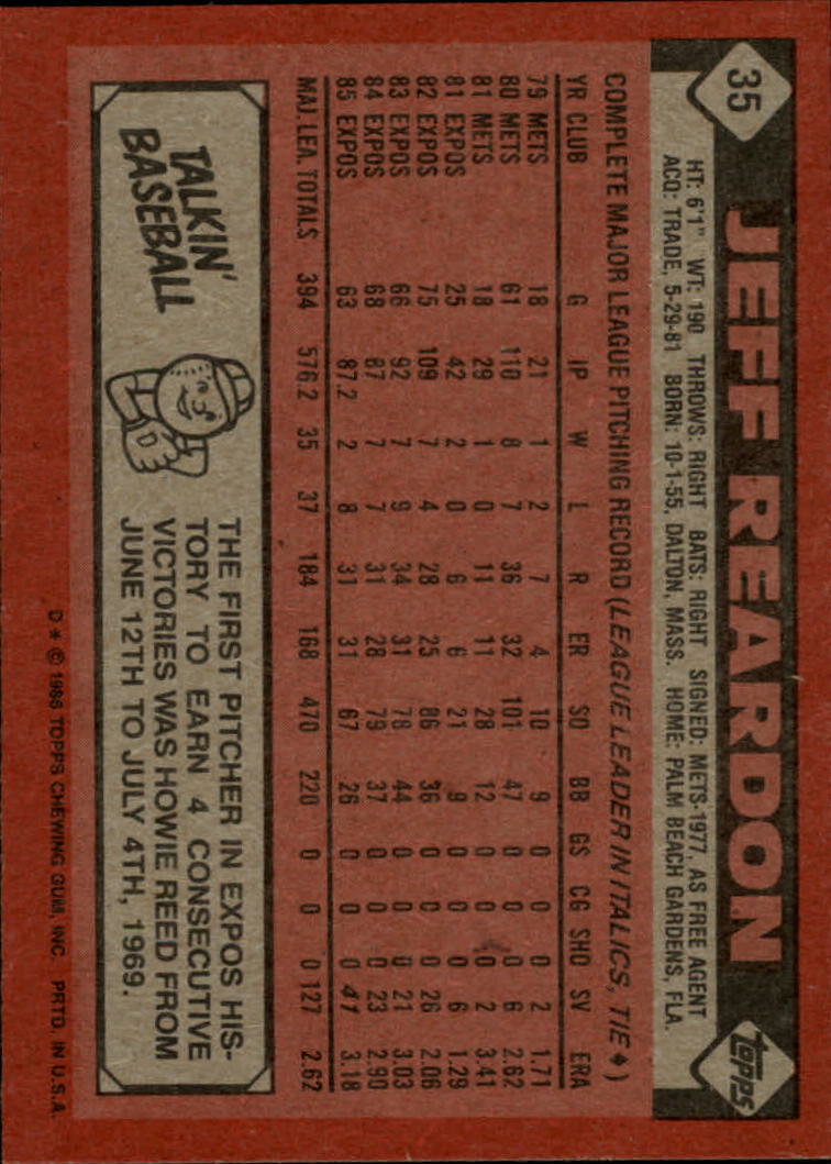 1986 Topps #35 Jeff Reardon back image