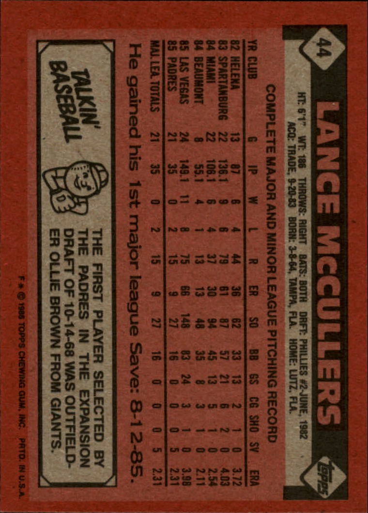 1986 Topps #44 Lance McCullers back image