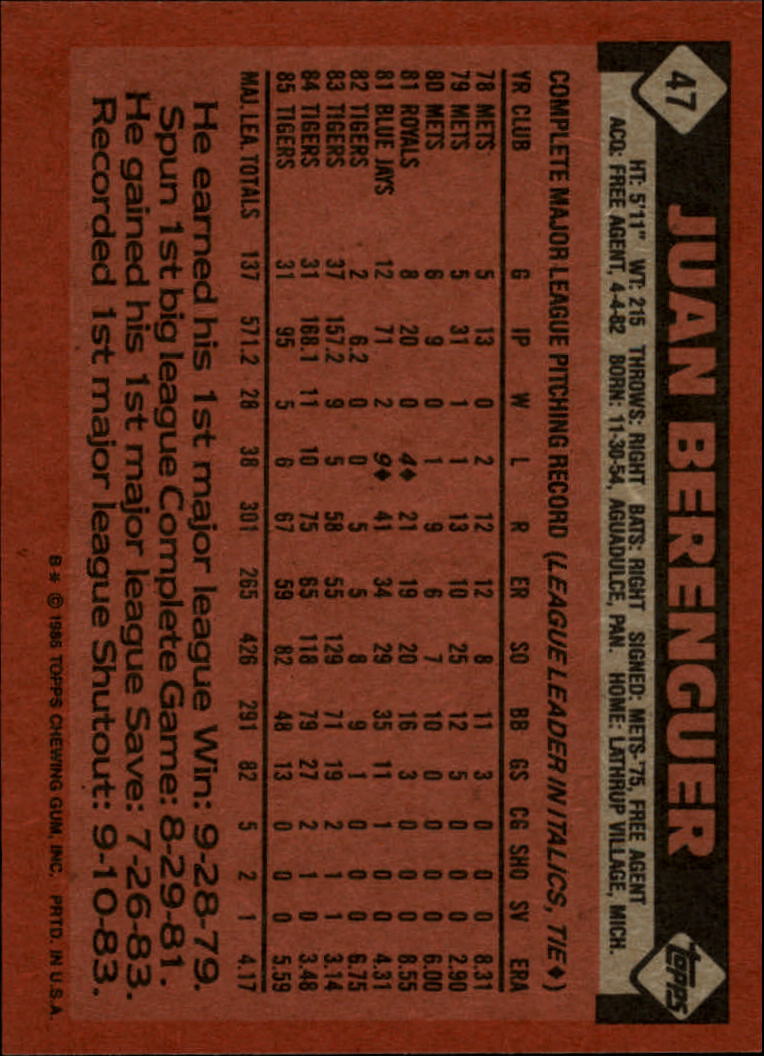 1986 Topps #47 Juan Berenguer back image