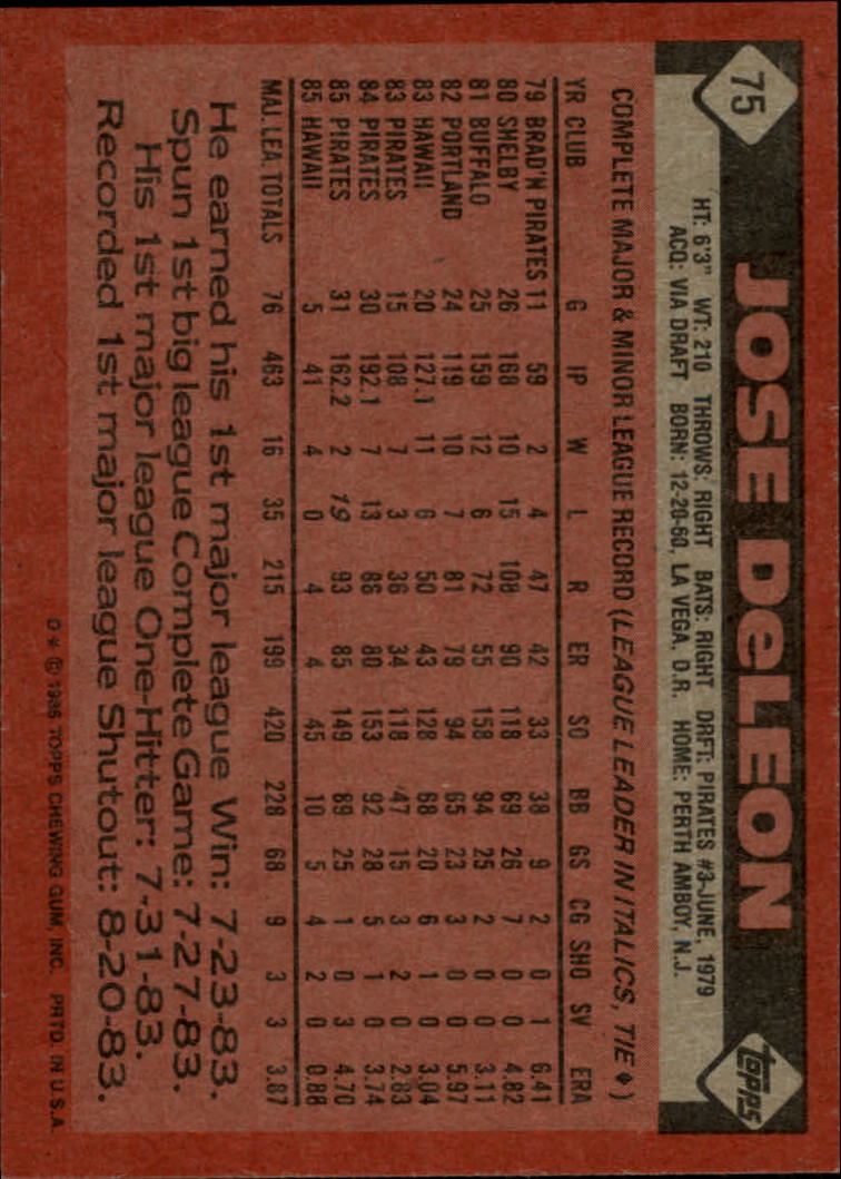 1986 Topps #75 Jose DeLeon back image
