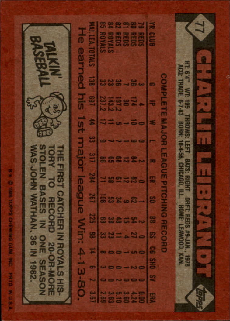 1986 Topps #77 Charlie Leibrandt back image