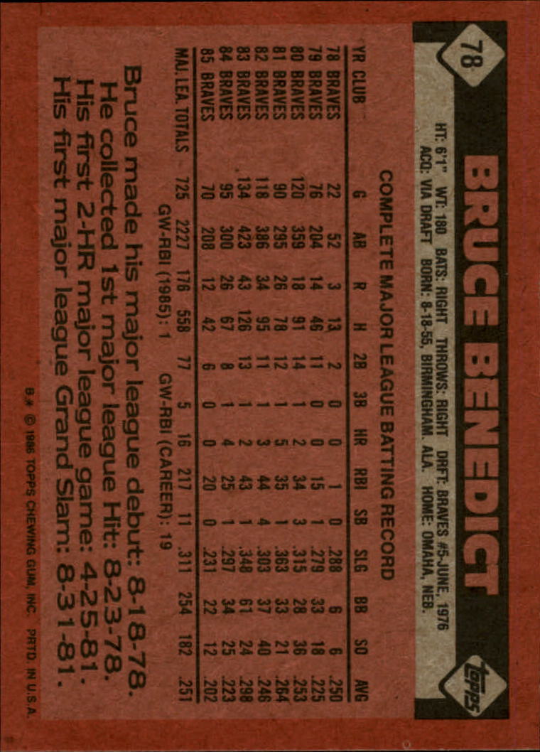 1986 Topps #78 Bruce Benedict back image