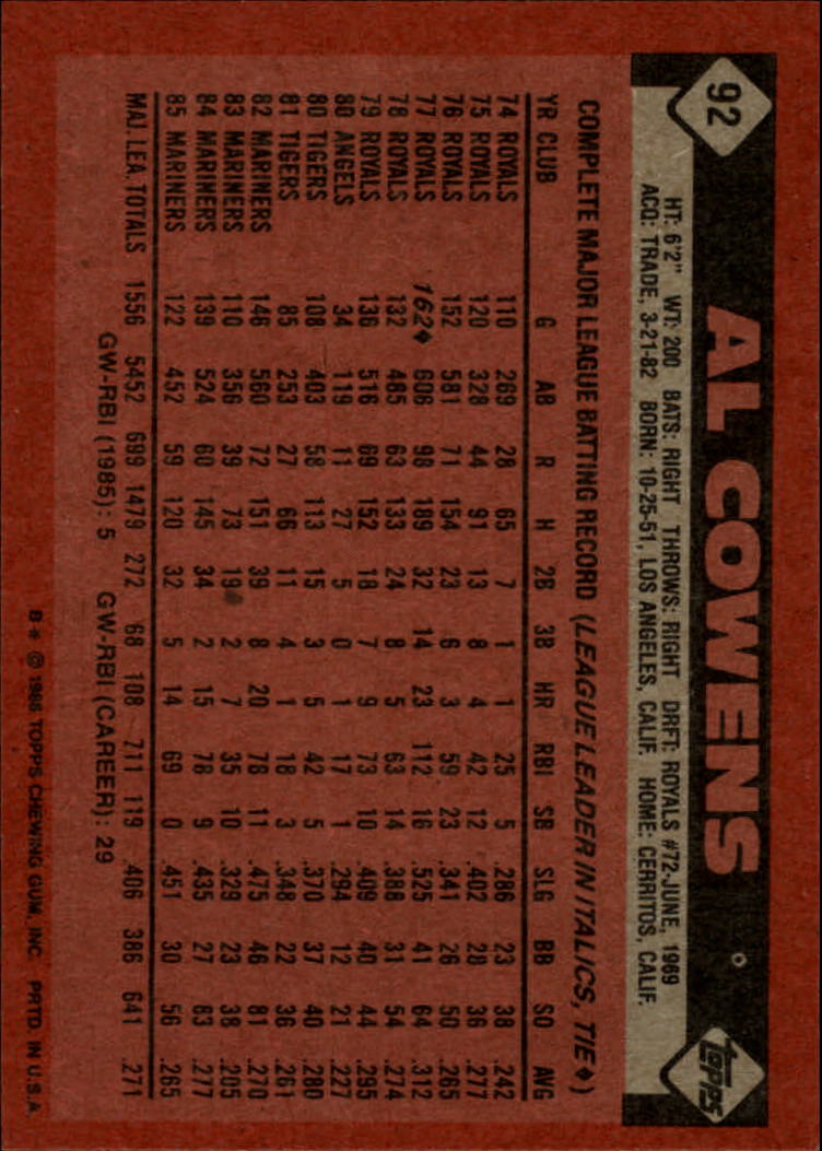 1986 Topps #92 Al Cowens back image