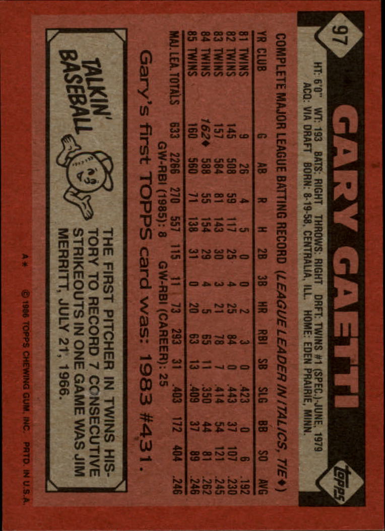 1986 Topps #97 Gary Gaetti back image