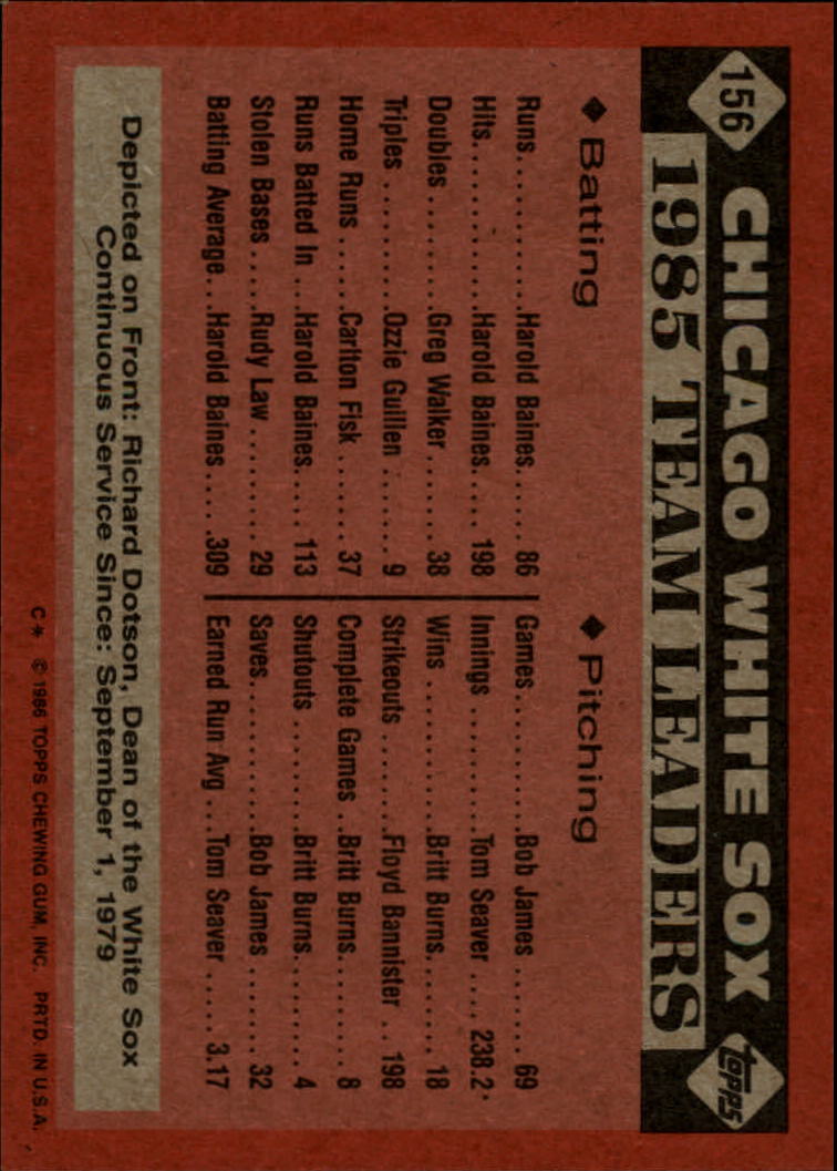 1986 Topps #156 White Sox Leaders/Richard Dotson back image