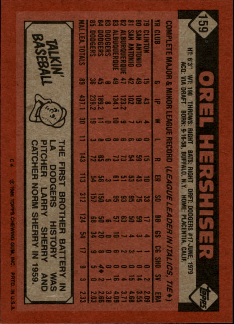 1986 Topps #159 Orel Hershiser UER back image