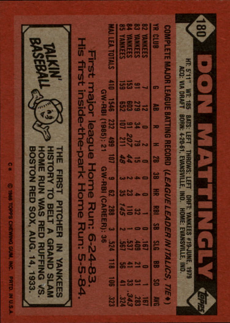 1986 Topps #180 Don Mattingly back image
