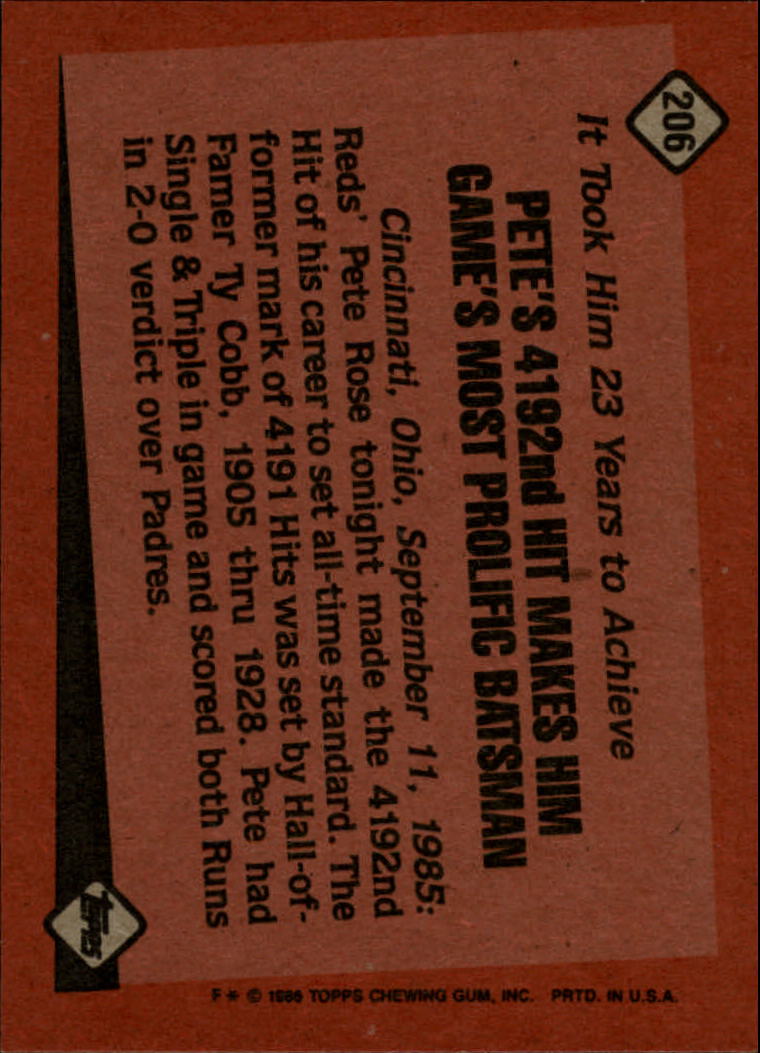 1986 Topps #206 Pete Rose RB back image