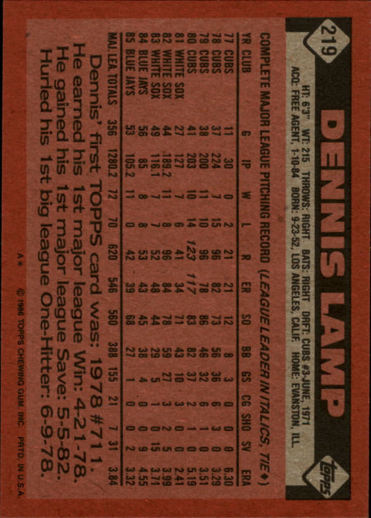 1986 Topps #219 Dennis Lamp back image
