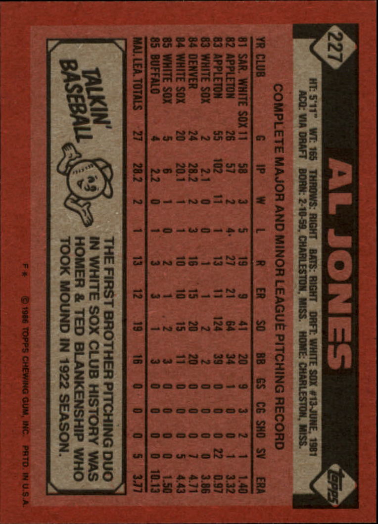 1986 Topps #227 Al Jones back image