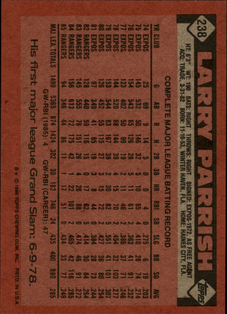 1986 Topps #238 Larry Parrish back image