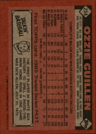 1986 Topps #254 Ozzie Guillen RC back image