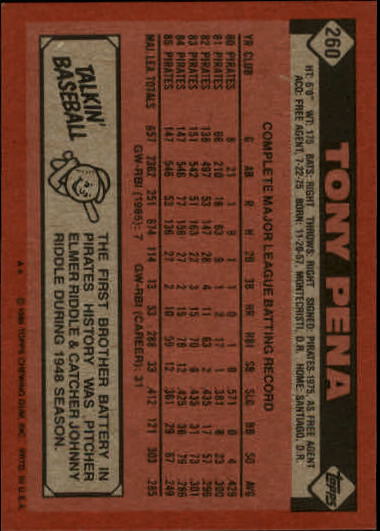 1986 Topps #260 Tony Pena back image