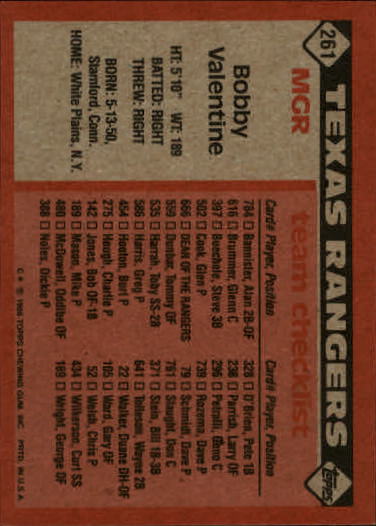 1986 Topps #261 Bobby Valentine MG back image