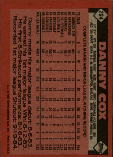 1986 Topps #294 Danny Cox back image