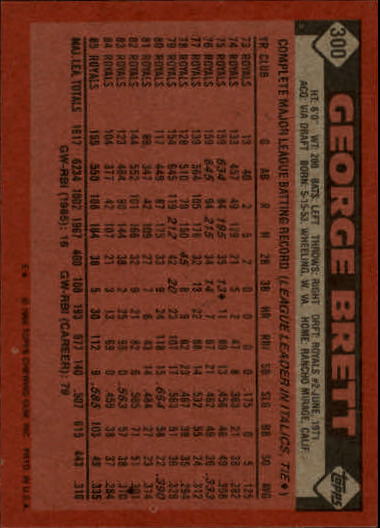 1986 Topps #300 George Brett back image