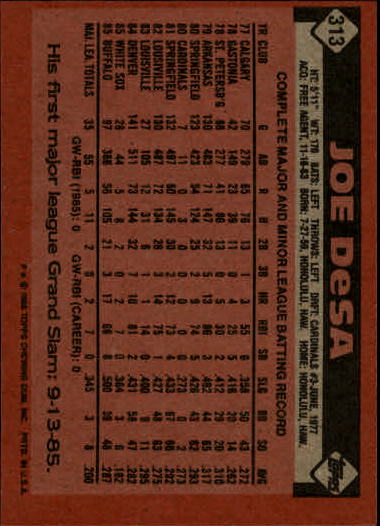 1986 Topps #313 Joe DeSa back image