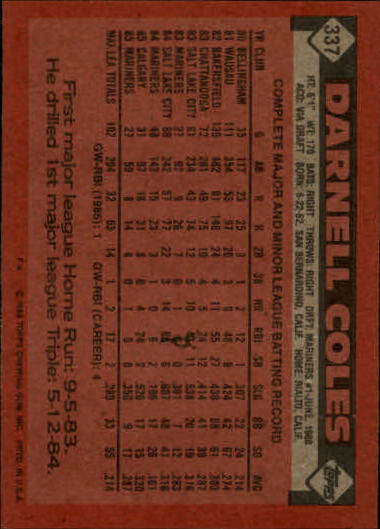 1986 Topps #337 Darnell Coles back image