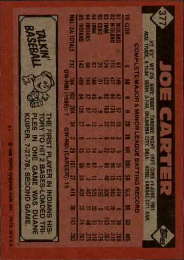 1986 Topps #377 Joe Carter back image