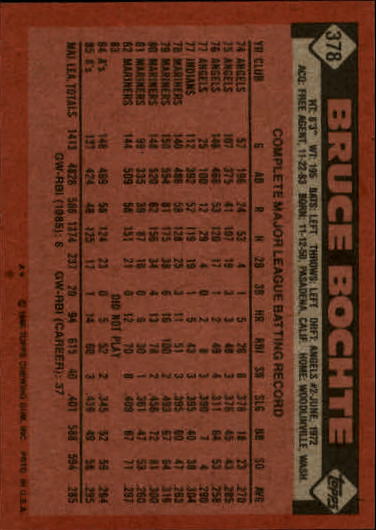 1986 Topps #378 Bruce Bochte back image