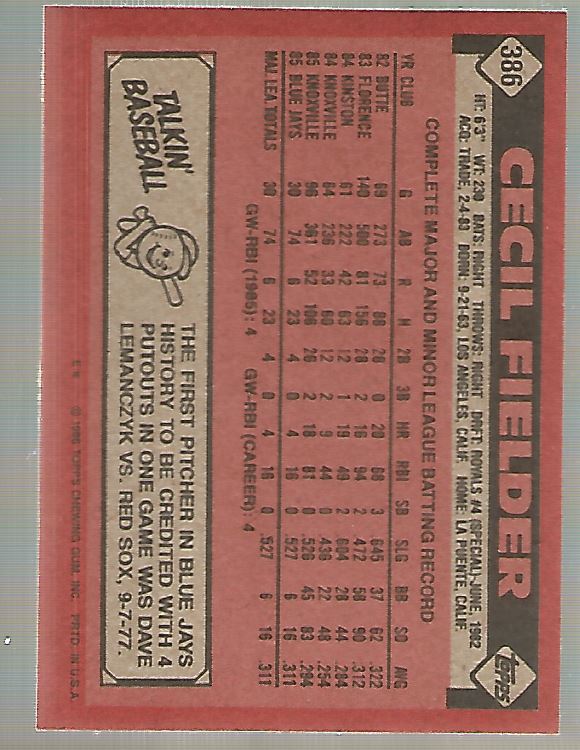 1986 Topps #386 Cecil Fielder RC back image