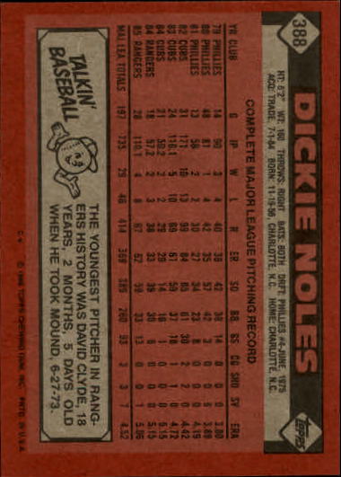 1986 Topps #388 Dickie Noles back image