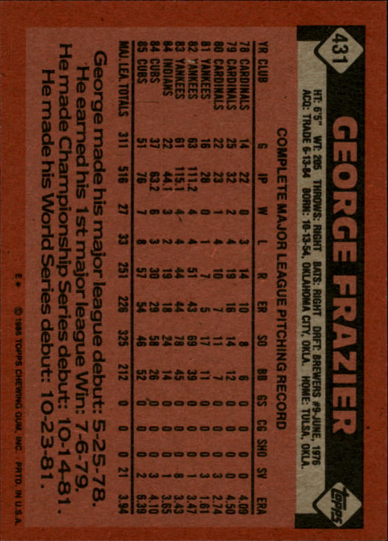1986 Topps #431 George Frazier back image