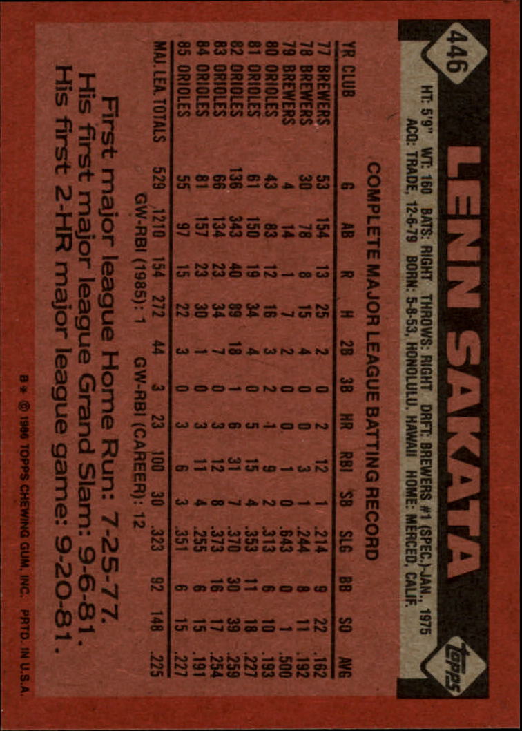 1986 Topps #446 Lenn Sakata back image