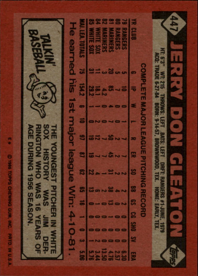 1986 Topps #447 Jerry Don Gleaton back image