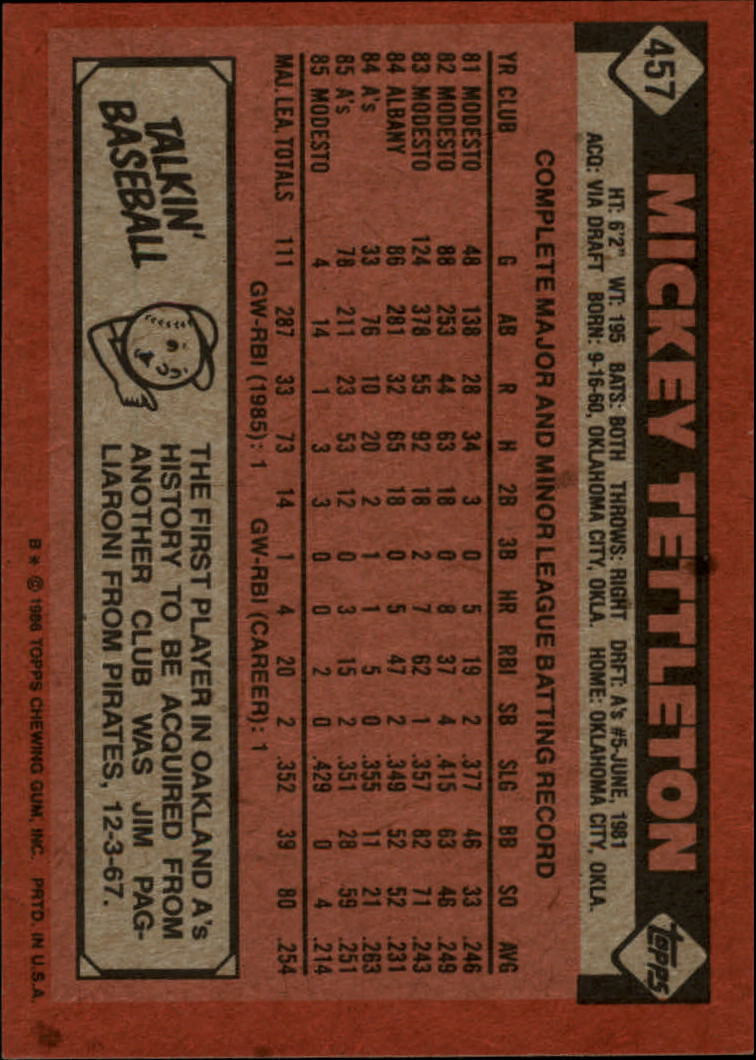 1986 Topps #457 Mickey Tettleton RC back image