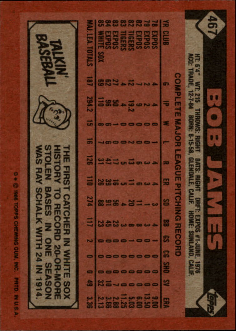 1986 Topps #467 Bob James back image