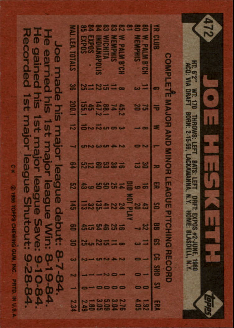 1986 Topps #472 Joe Hesketh back image