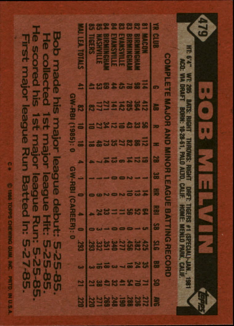 1986 Topps #479 Bob Melvin back image
