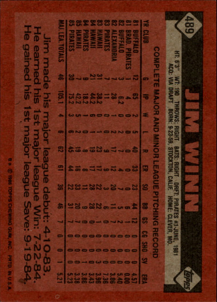 1986 Topps #489 Jim Winn back image
