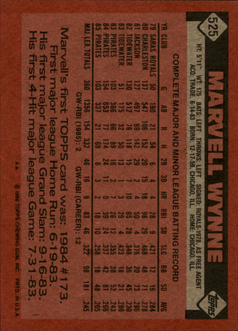 1986 Topps #525 Marvell Wynne back image