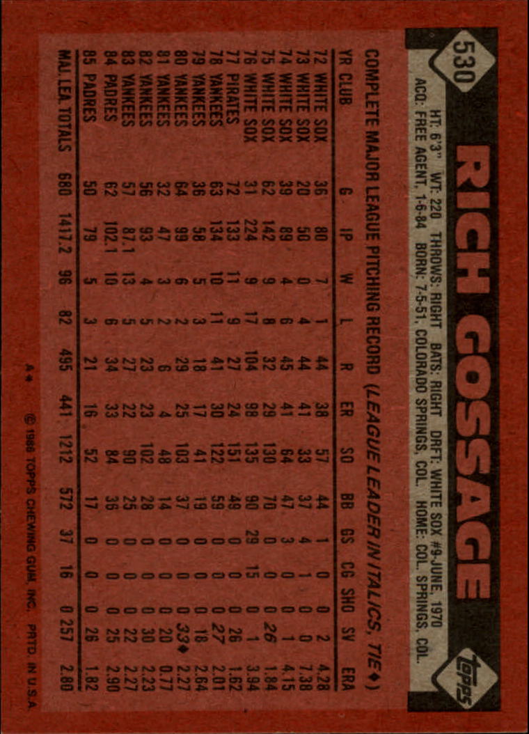 1986 Topps #530 Rich Gossage back image